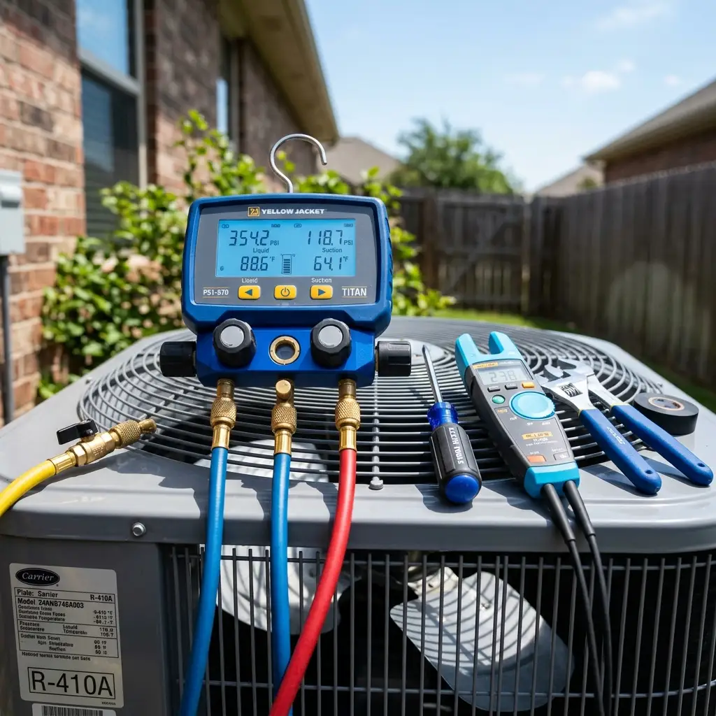HVAC technician repairing a central air conditioning system at a Temple City California home