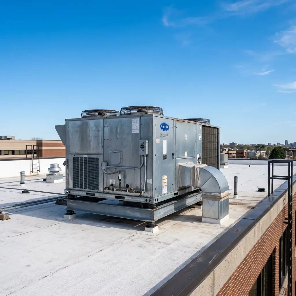Commercial rooftop HVAC unit inspection and service on a Temple City California business property