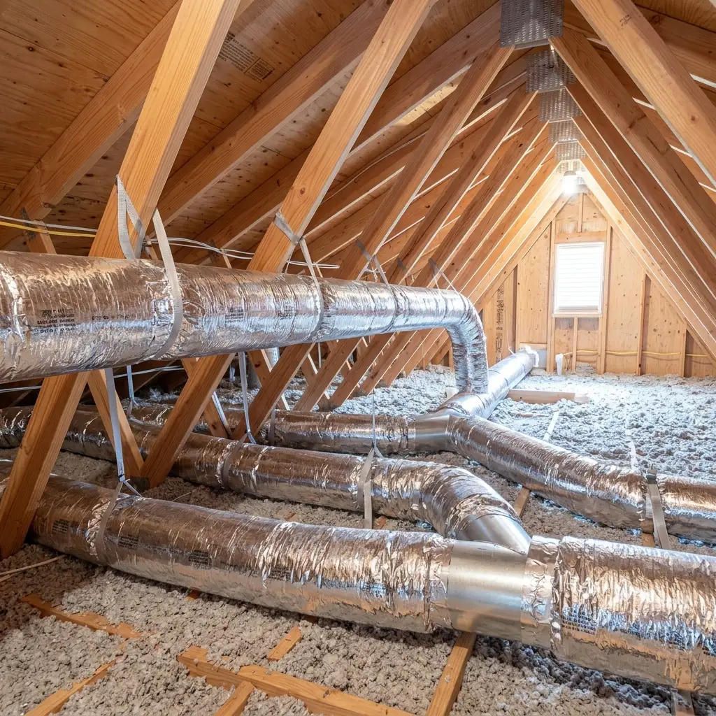 HVAC technician inspecting and sealing ductwork in the attic of a Temple City California home