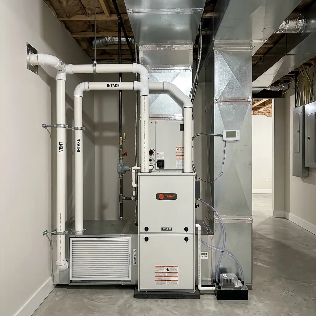 HVAC technician servicing a gas furnace installed in a Temple City California home