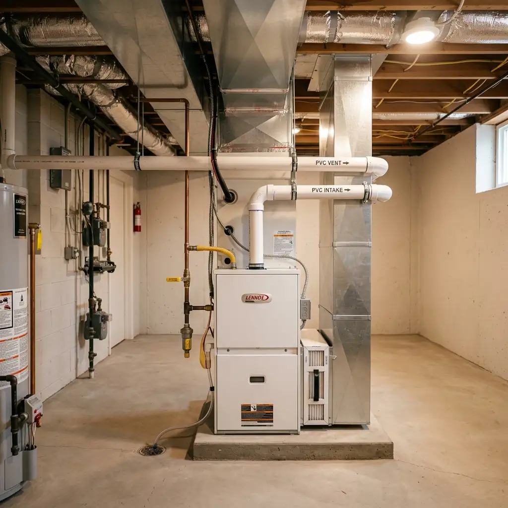 New high-efficiency gas furnace being installed in a Temple City California home