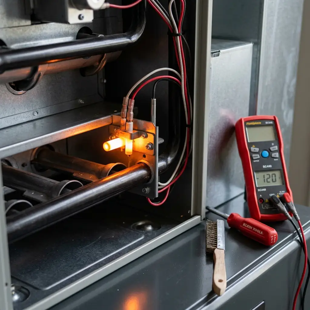 HVAC technician diagnosing and repairing a gas furnace in a Temple City California home